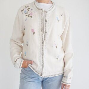 Vintage Cream Knit Floral Embroidered Folk Garden Cottagecore Cardigan Sweater S